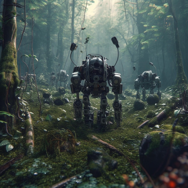 Photo there are many robots in the woods with trees and moss generative ai