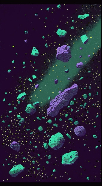 There are many rocks and boulders in the space with a green light generative ai