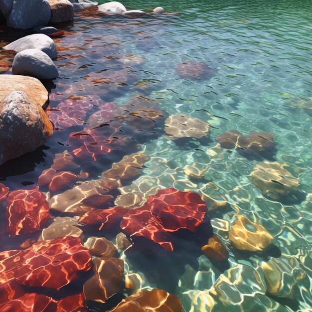 Foto ci sono molte rocce nell'acqua e un po 'di acqua con colori rossi e gialli generativo ai