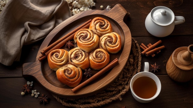 There are many rolls of cinnamon on a wooden plate with a cup of tea generative ai