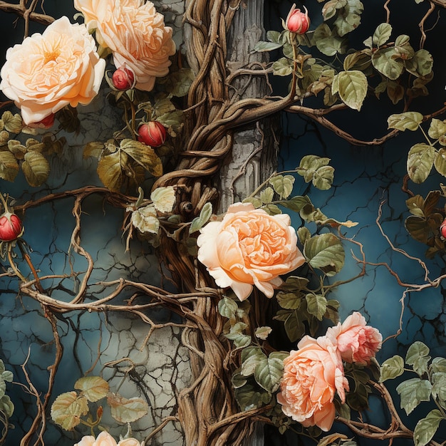 Photo there are many roses that are growing on the branches of a tree generative ai