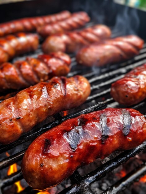 There are many sausages cooking on a grill with flames generative ai