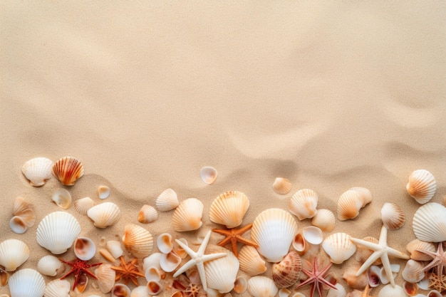 There are many seashells scattered on the pristine neutral beige sand of a tropical beach This top