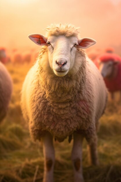 There are many sheep standing in a field with a sunset in the background generative ai