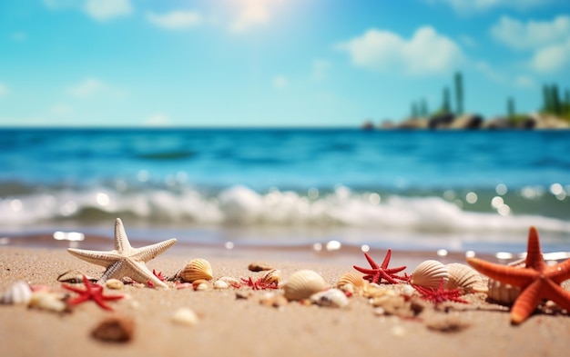 there are many shells and starfishs on the beach near the water generative ai