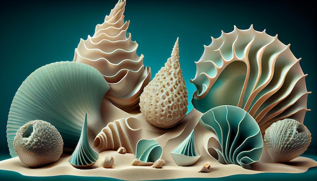 There are many shells that are on the sand together generative ai