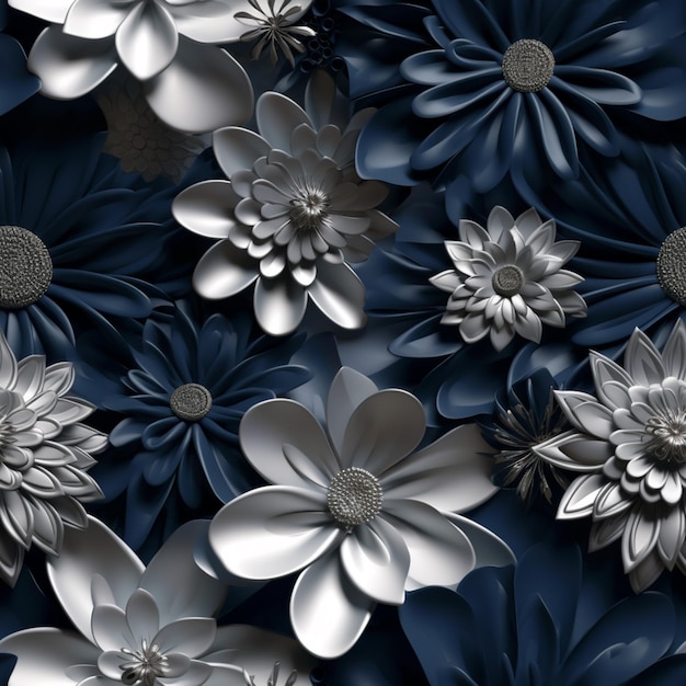there are many silver flowers on a blue background generative ai