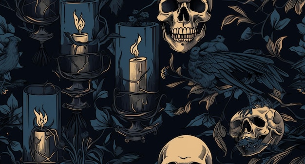 there are many skulls and candles with candles on them generative ai