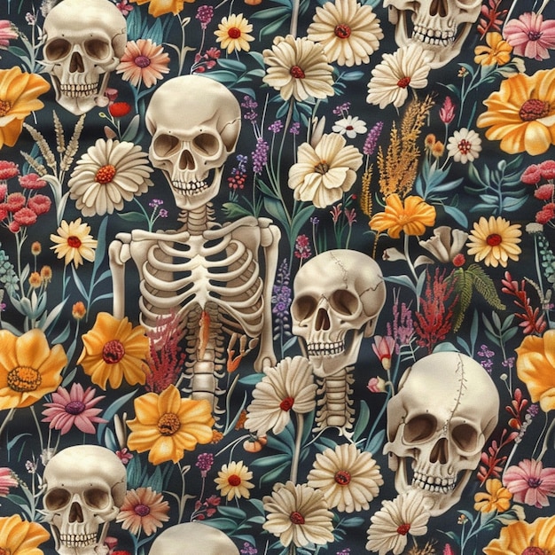there are many skulls and flowers on a black background generative ai