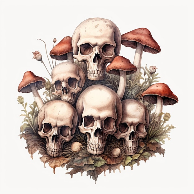 There are many skulls and mushrooms in the grass with leaves generative ai