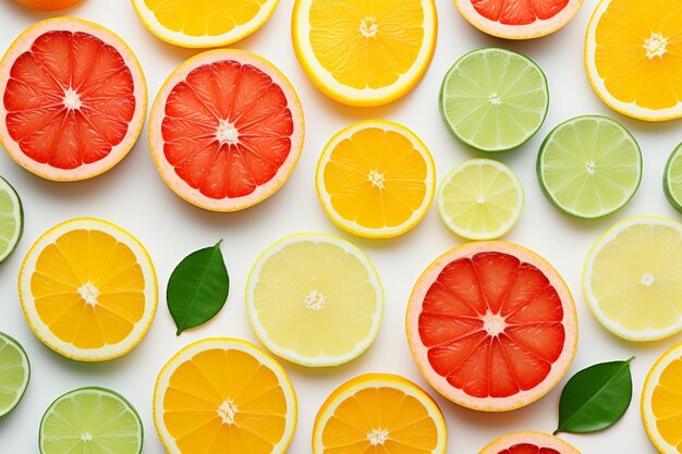 There are many slices of citrus fruit arranged on a white surface generative ai