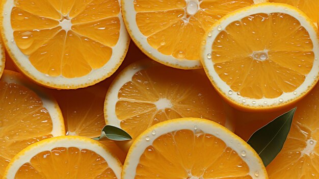 Фото Есть много кусочков апельсинов с листьями на них.