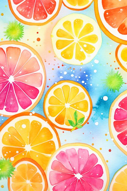 There are many slices of oranges and lemons painted on a watercolor background generative ai