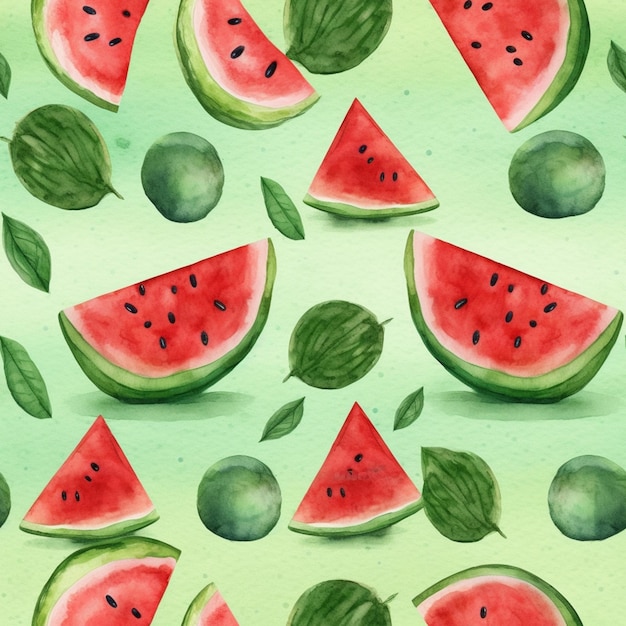 There are many slices of watermelon on a green surface generative ai