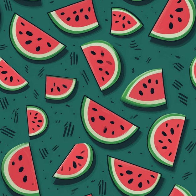 There are many slices of watermelon on the green surface generative ai