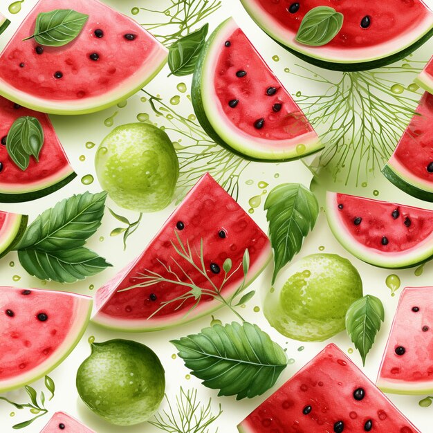 There are many slices of watermelon and limes on the table generative ai