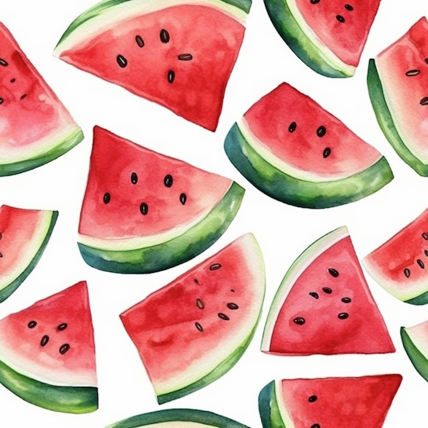 There are many slices of watermelon on the white surface generative ai