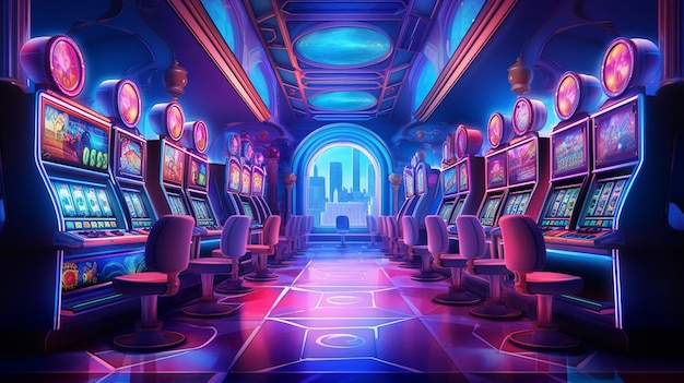 There are many slot machines in this casino room with a lot of lights generative ai | Premium AI-generated image