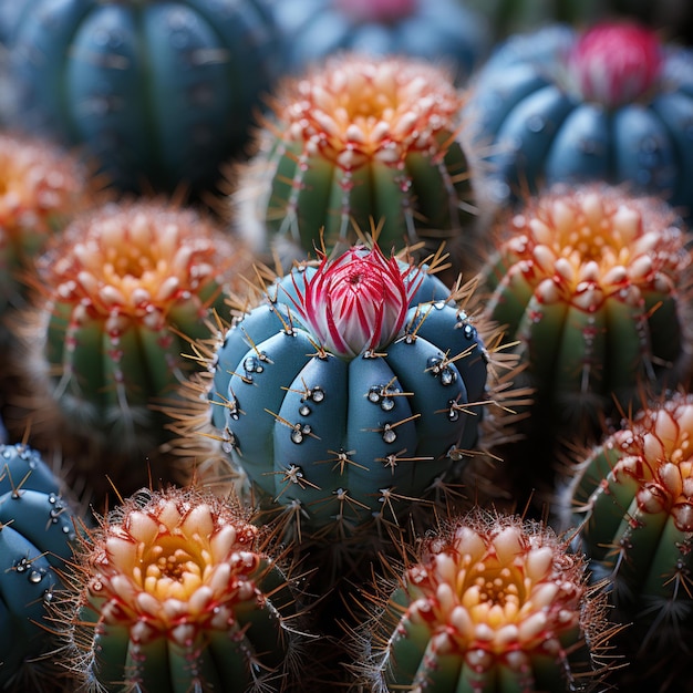 There are many small cactus plants with red flowers in the middle generative ai