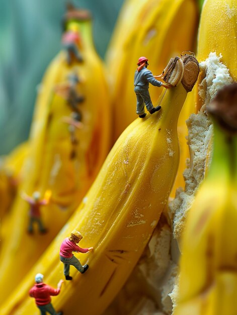 there are many small figurines of people on a banana generative ai