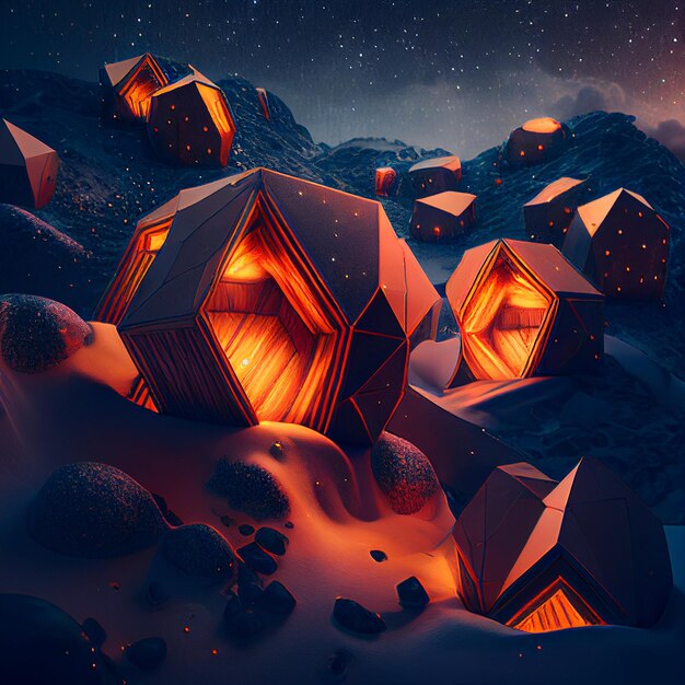 There are many small houses that are lit up in the snow generative ai