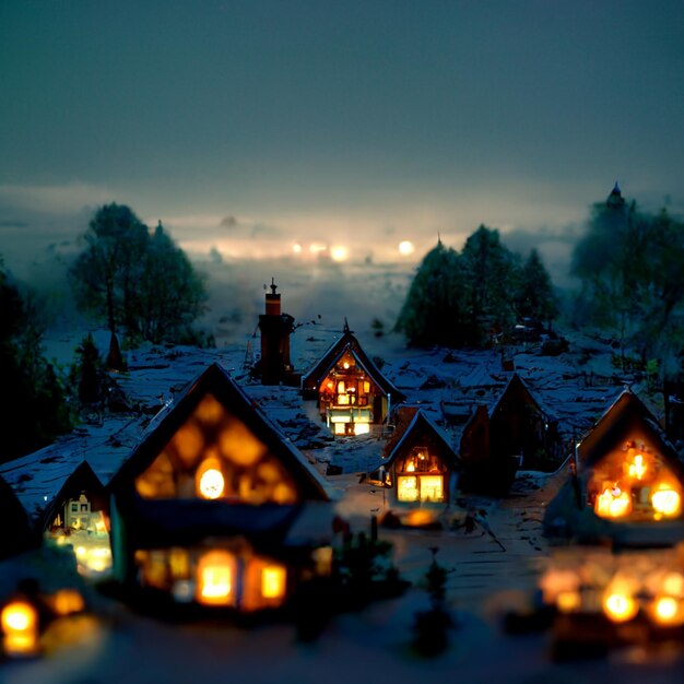 Photo there are many small houses with lit lights on the roof generative ai