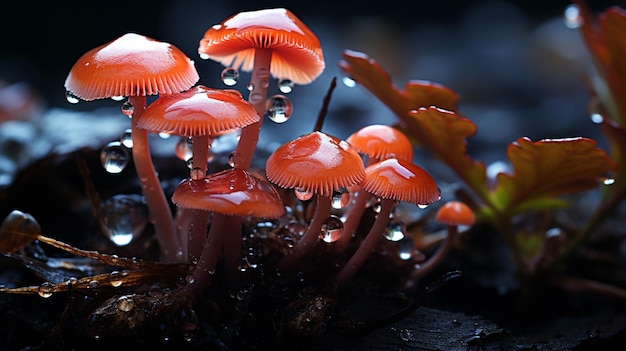 There are many small mushrooms that are growing out of the ground generative ai