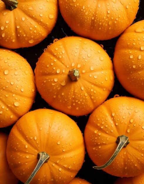 There are many small orange pumpkins with water droplets on them generative ai