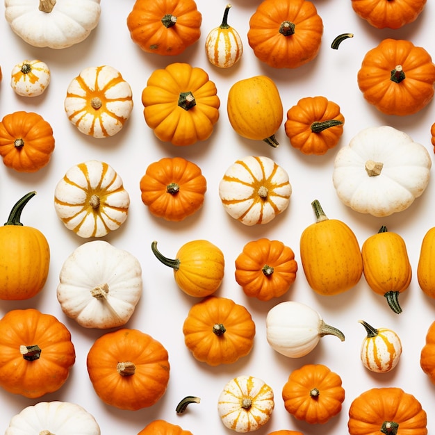 There are many small pumpkins and squashs arranged on a white surface generative ai