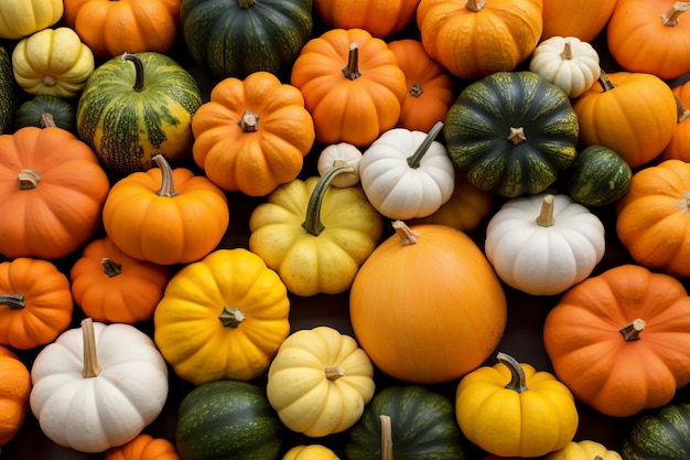 There are many small pumpkins and squashs on display generative ai