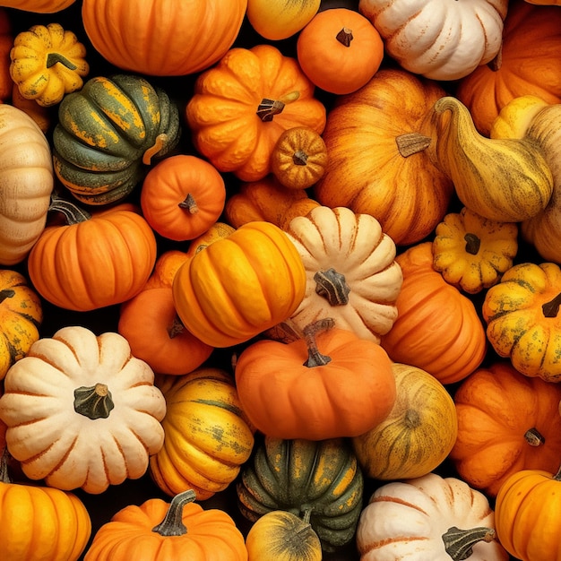 There are many small pumpkins and squashs in a pile generative ai