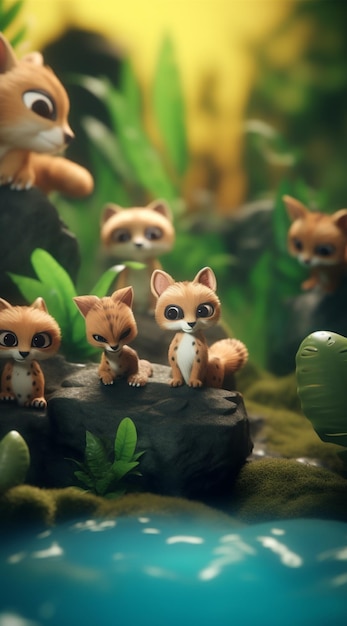 there are many small toy animals that are sitting on a rock generative ai