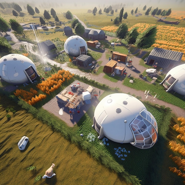 There are many small white domes in a field with a car generative ai