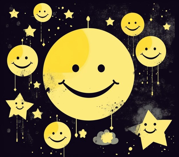 Photo there are many smiling stars and a smiling moon in the sky generative ai