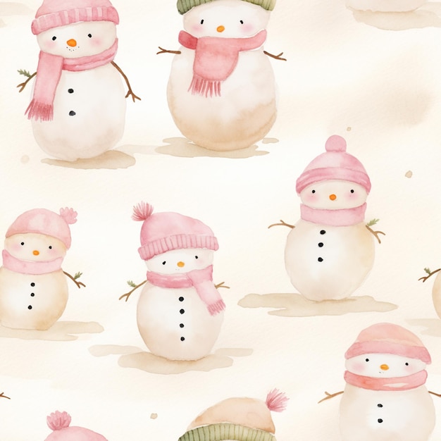 Photo there are many snowmen wearing hats and scarves on a white background ai generative