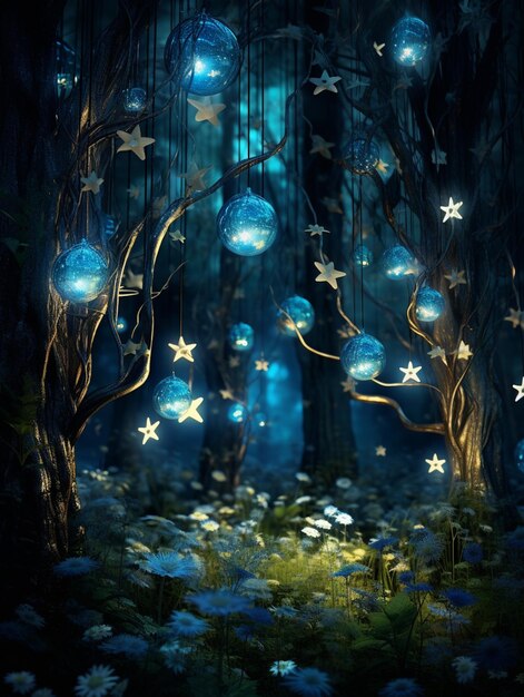 there are many stars hanging from the trees in the forest generative ai