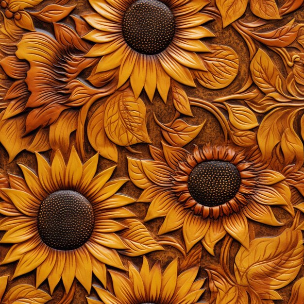 There are many sunflowers carved into a wooden wall generative ai