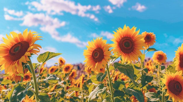 There are many sunflowers in a field with a blue sky generative ai