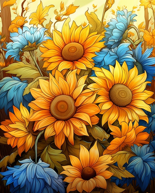 There are many sunflowers in a field with blue and yellow flowers generative ai