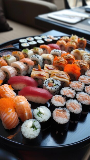 Photo there are many sushi on a plate on a table