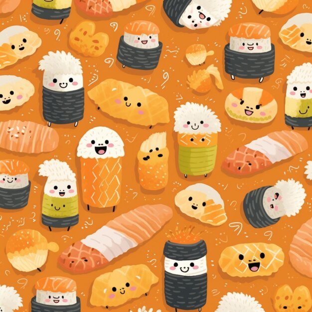 There are many sushi rolls and rolls with faces on them generative ai