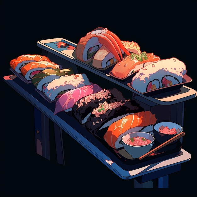 Photo there are many sushi rolls on the trays on the table generative ai