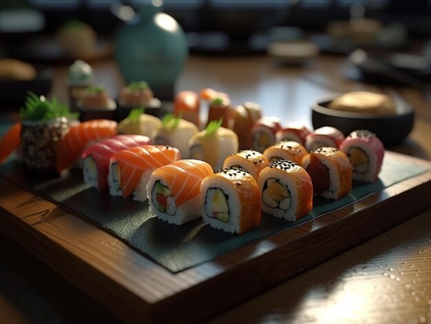 There are many sushi on a tray on a table generative ai