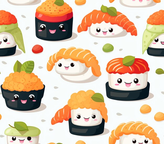 Фото Есть много суши с разными лицами и овощами на них генеративный ай