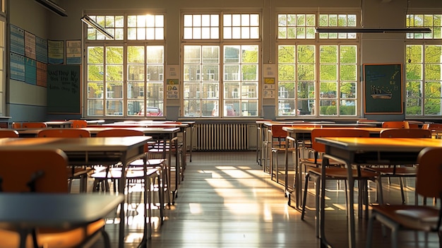 there are many tables and chairs in this classroom with a window generative ai