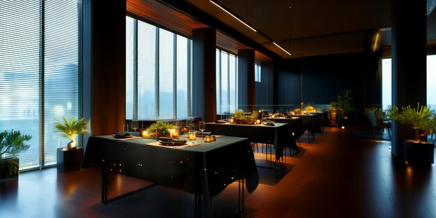 there are many tables set up in a room with large windows generative ai