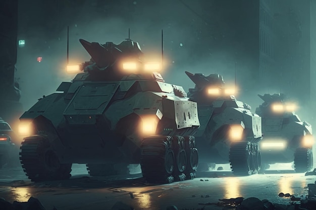 There are many tanks that are lined up on the street generative ai