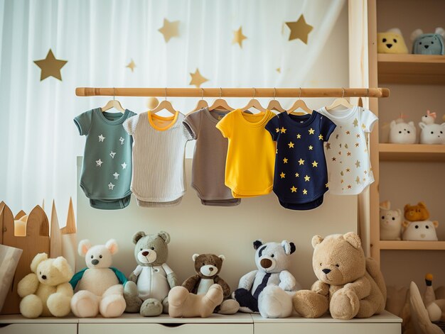 there are many teddy bears and ones hanging on a clothes rack generative ai