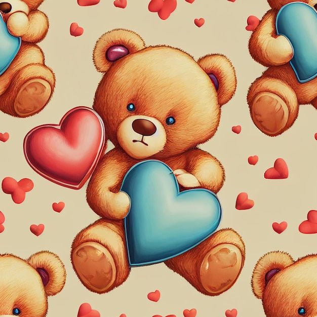 there are many teddy bears with hearts on a beige background generative ai