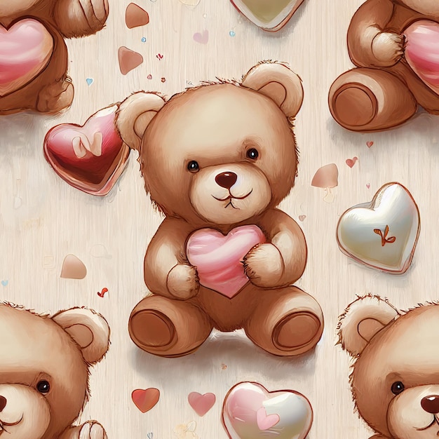 there are many teddy bears with hearts on a wooden surface generative ai